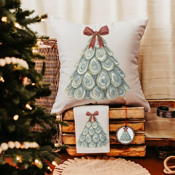 oyster shell Christmas tree decorative pillows for couch, oyster Christmas kitchen hand towels coastal Christmas ornament for neighbors