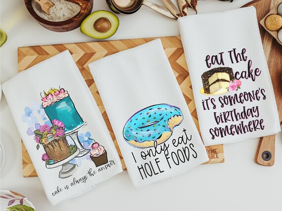 hole food donut kitchen decor, baking gifts for her, eat the cake kitchen towels, baker gifts for women, baking bridal shower kitchen gifts