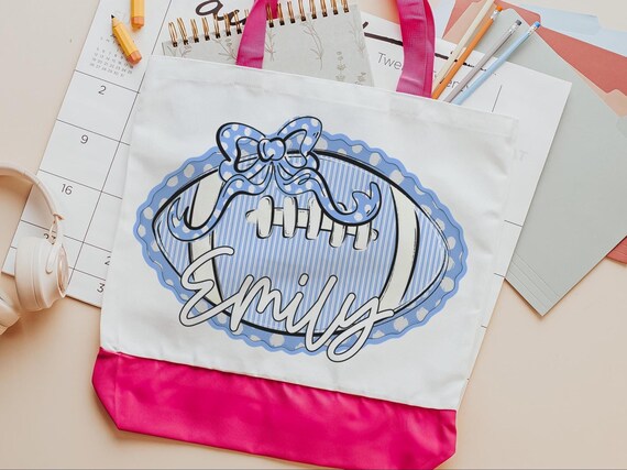 personalized powderpuff football tote bags with name, carolina blue school spirit bags for girls, cheer gifts for besties, cheerleader gifts