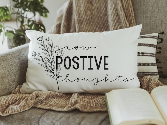 grow positive thoughts lumbar throw pillow for couch, inspirational dorm pillows for college girls, plant mom gift, minimalist decor, nature