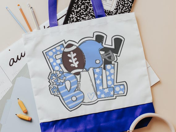 football mom tote bag for women, football cheer game day bag for Mom, Carolina blue school spirit accessories, cute football tote for games