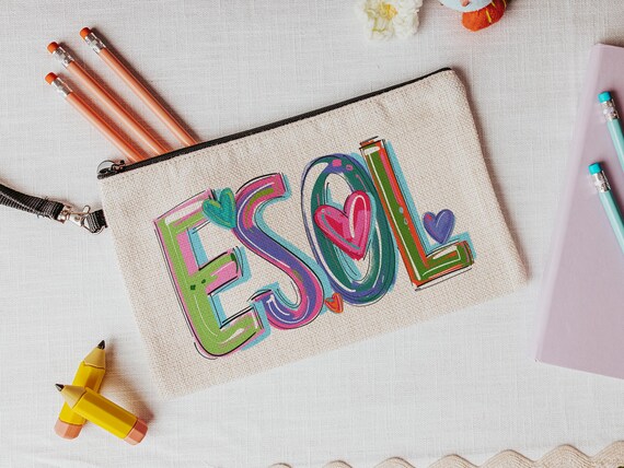 esol teacher pencil pouch makeup bags for women, ESL teacher gifts for coworkers, back to school gifts for teachers, backpack accessories