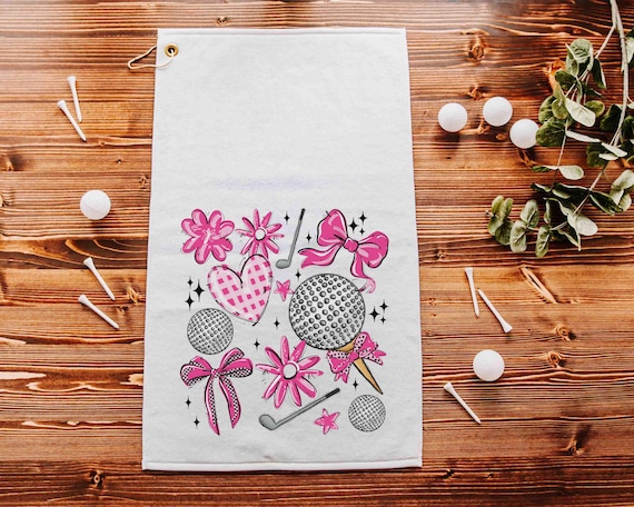 hot pink coquette golf towels with grommet, cute golf gifts for her, girly golf bag accessories ladies golf ball towel, golfer mom gift