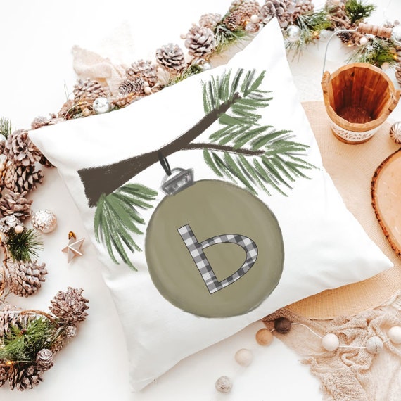 personalized initial throw pillows for Christmas ornament pillow covers 18 x 18, sage green Christmas decor, farmhouse Christmas gift set