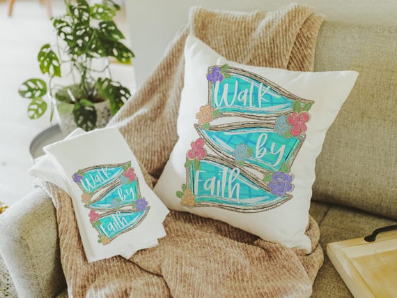 walk by faith scripture throw pillow for couch, 2 Corinthians 5:7 Bible verse kitchen decor, Christian gifts for women sisters in Christ
