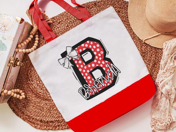 personalized initial tote bags for daughter, secret Santa gifts for girls, cherry red name tote book bag for school, Christmas gifts for her
