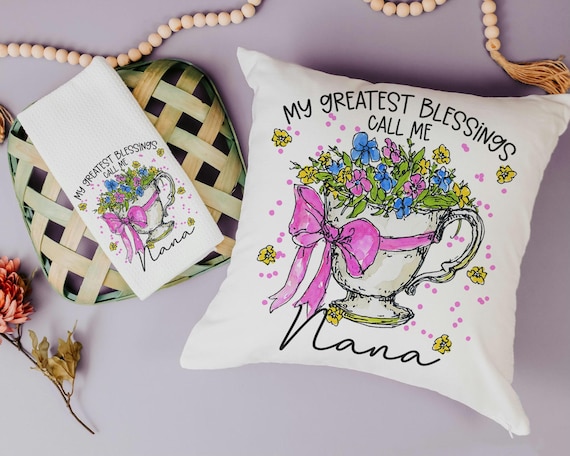 Personalized my greatest blessings floral throw pillow for Mom, sentimental Mothers day gifts for Nana, Mimi gifts from grandkids, teacup