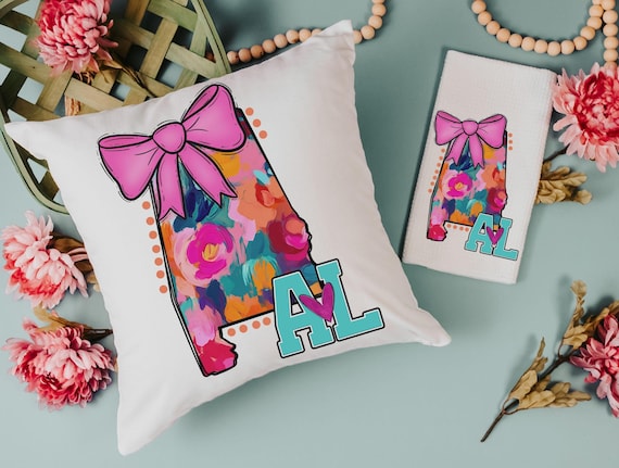 watercolor Alabama throw pillow for bed, Alabama coquette bow kitchen towels, Alabama college care package for girls, pink preppy pillows