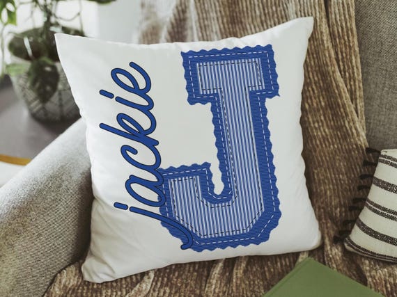 personalized royal blue seersucker pillow with name, trendy Christmas gifts for girls, teenage girl gifts, initial throw pillow for dorm
