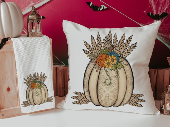 wheat pumpkin decorative pillows for couch, sunflower pumpkin kitchen towels, harvest decor, Thanksgiving hosting gift, pumpkin season gifts