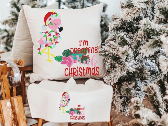 I'm dreaming of a pink Christmas throw pillows for couch, flamingo Christmas kitchen towels, cute Christmas gifts for beach lovers, coastal