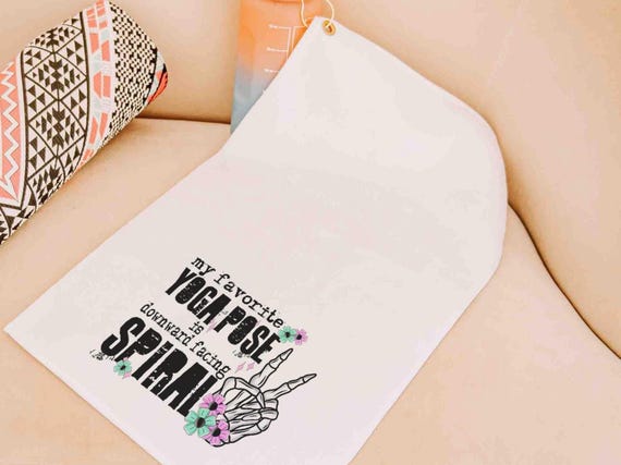 downward spiral funny yoga towels with grommet, snarky humor hot yoga gifts for women, gym bag accessories, workout gifts for her, yogi girl