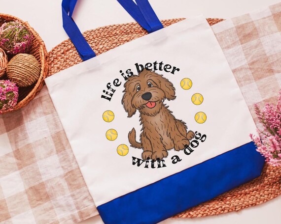 Life is better with a dog labradoodle tote bag