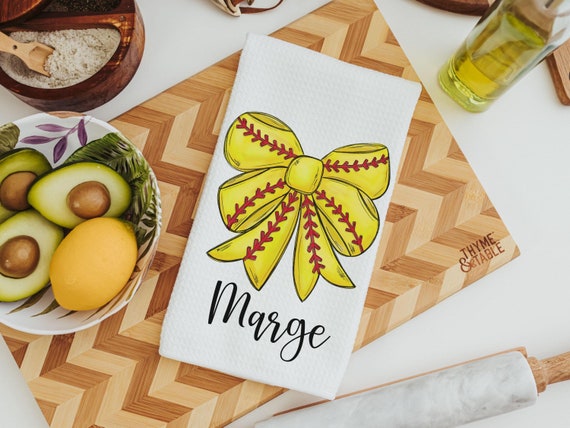 personalized softball coquette bow game day rally towel, softball senior night gift, softball bow hand towel for bathroom, softball mom gift