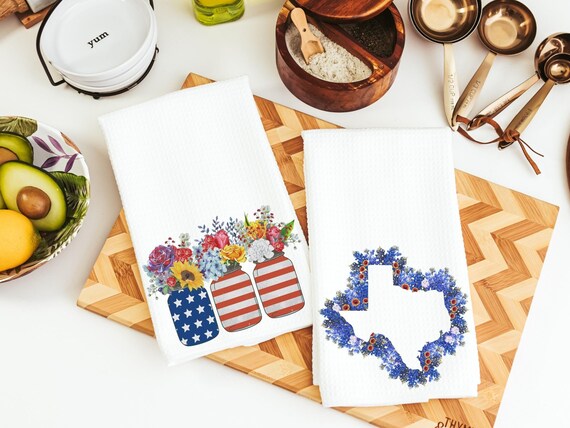 texas kitchen towels, Texas state flower bluebonnet gifts, wildflower kitchen dish towels, patriotic gifts for women, floral hand towels for