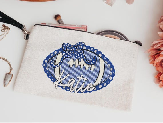 personalized seersucker football coquette makeup bag with name, royal blue school spirit accessories, stocking stuffers for teenage girls