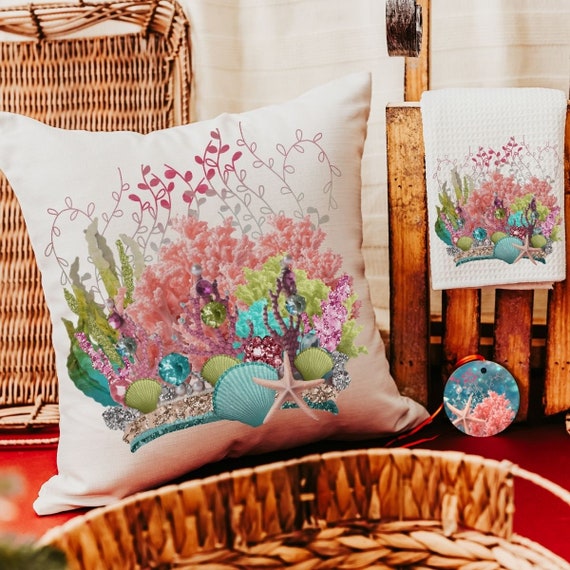 coastal housewarming gift set for friend, coral reef decor, beach Christmas ornaments for granddaughter, under the sea nursery throw pillows