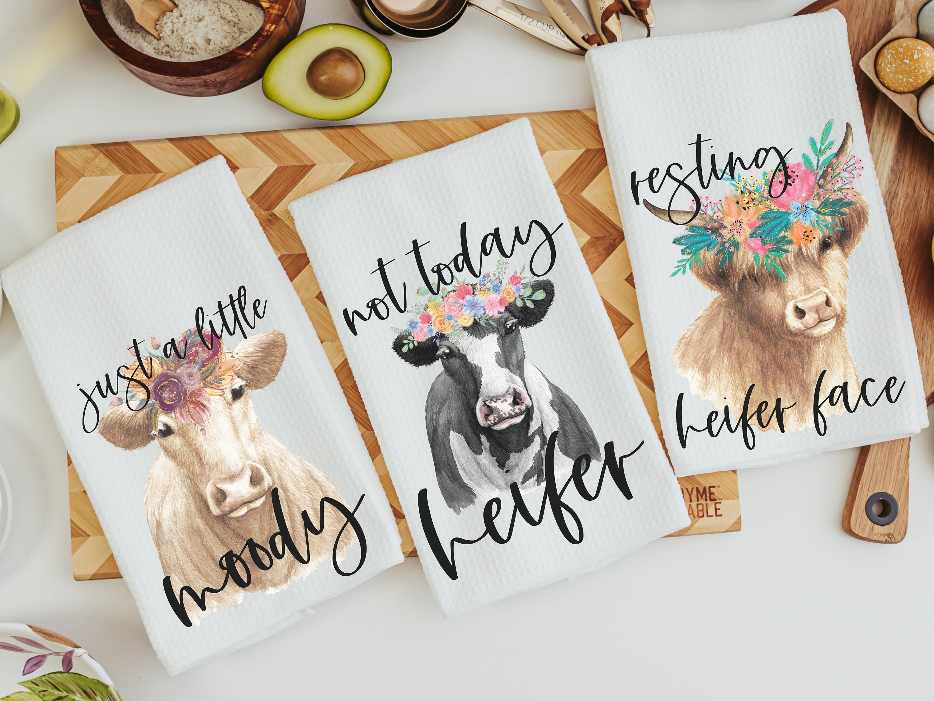 Farmhouse Kitchen Towels Set of 5 Farm Animals Rooster Pig Cow Dish Towels  Black Tan Flour Sack 16”X28” 100% Cotton