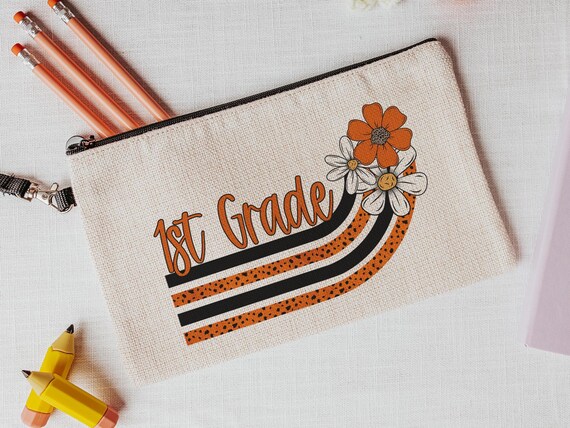 orange and white daisy pencil pouch personalized cute makeup bag, orange school spirit school supplies, first grade teacher gifts for women