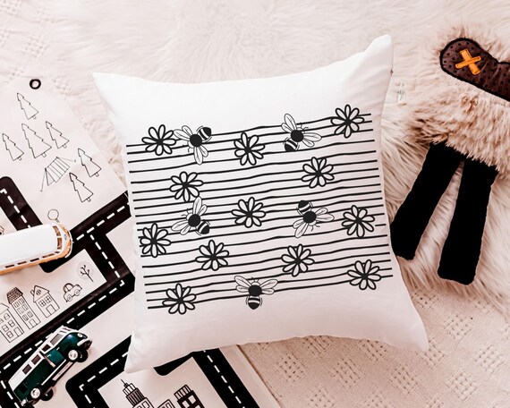 black and white bee throw pillows for kids reading nook pillow, honey bee baby shower gifts, bumble bee nursery decor, cute bee gifts for