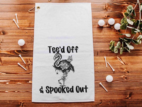 flamingo skeleton funny golf towels with grommet, Halloween golf ball towel with hook, flamingo gifts for women, spooky cute golf gifts for