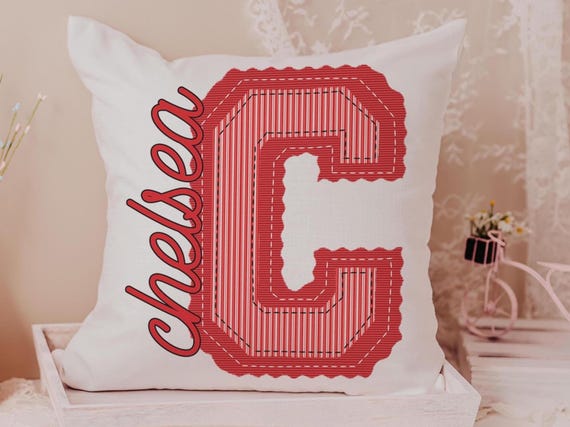 personalized red seersucker pillow with name, Christmas gifts for college girls, tween girl gifts, cherry vibes initial throw pillow for bed