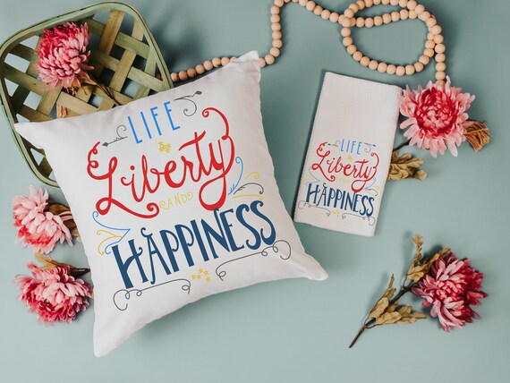life liberty happiness throw pillow for sofa, patriotic decor for home, 4th of July kitchen towels, military mom gift, summer throw pillows