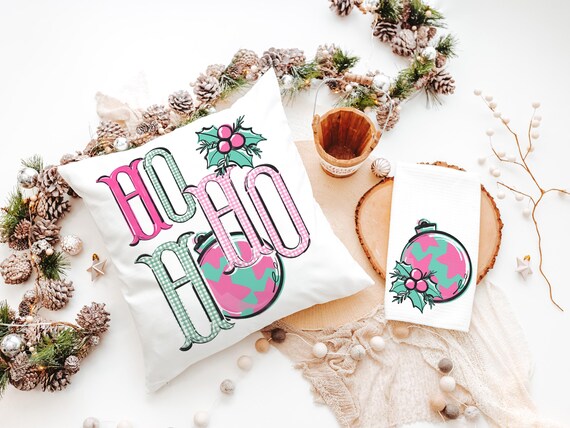 ho ho ho turquoise Christmas throw pillow covers 18x18, bright pink Christmas kitchen towels, girly Christmas gifts for adult daughter, best