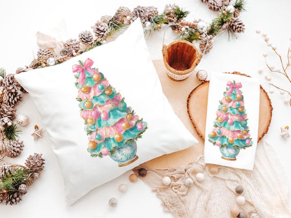 pastel Christmas tree throw pillows for couch pink grandmillenial Christmas kitchen towels for winter, holiday hosting decor home decor gift