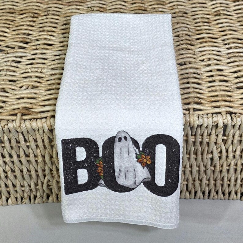 whimsical Halloween kitchen towel fall hand towels for bathroom, boo Halloween decorations for home, floral ghost kitchen decor, spooky cute image 7