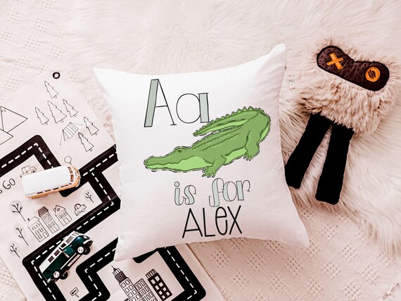 personalized jungle nursery throw pillow with name, a is for alligator nursery decor, safari baby shower gift, reading nook pillow kids room