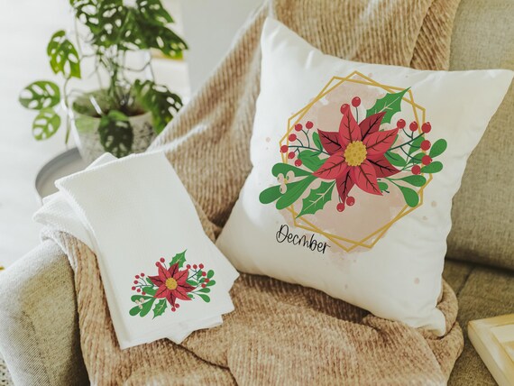 holly and berry Christmas throw pillows for sofa, December birth flower gift for her, December birthday gifts for women, red poinsettia hand