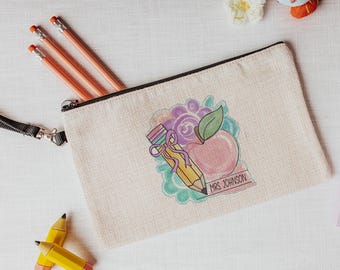 Bolsas de maquillaje personalizadas con diseño de manzana y lápiz de acuarela para mujer, útiles escolares, linda bolsa de lápices para bolso, regalos de regreso a clases para