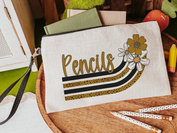 personalized daisy pencil pouch for kids, gold school spirit items, cute school supplies for girls, back to school pencil case for teenage
