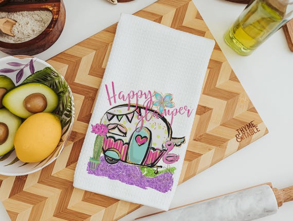happy glamper funny kitchen towels for women, RV accessories for inside, cute camper hand towels for bathroom, glamping bachelorette party