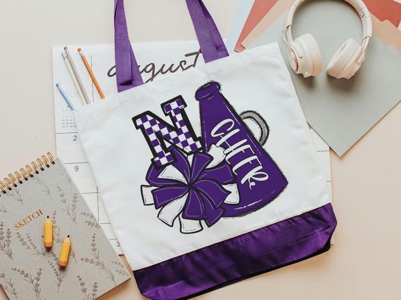 personalized royal purple cheerleader tote bag for teen girls, team colors cheer accessories for girls, cheer squad gifts, initial tote bag
