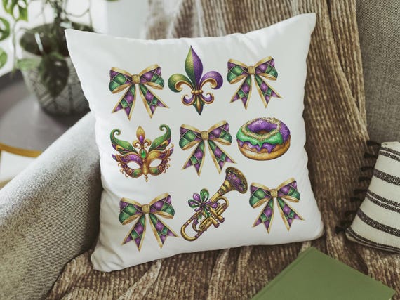 Mardi Gras throw pillow for green couch, Fat Tuesday decorative pillow cover 18x18, king cake pillow for realtors, Louisiana gifts for women