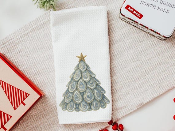 oyster shell Christmas tree tea towel for bathroom, coastal Christmas kitchen towel for women, nautical housewarming gifts for her, holiday