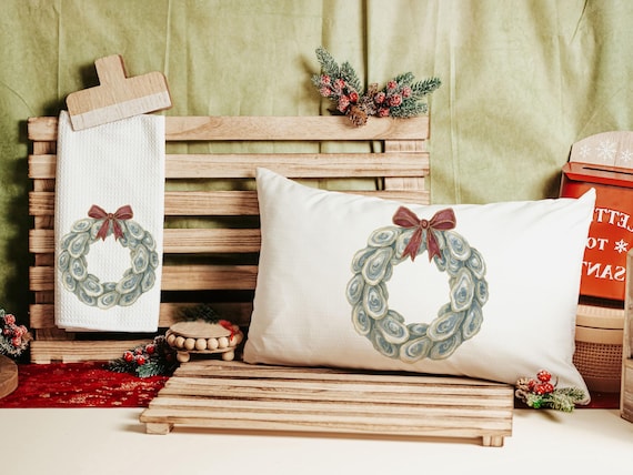 oyster shell Christmas wreath throw pillow covers 12x20, oyster Christmas decorations, coastal Christmas hand towels, beach Christmas gifts