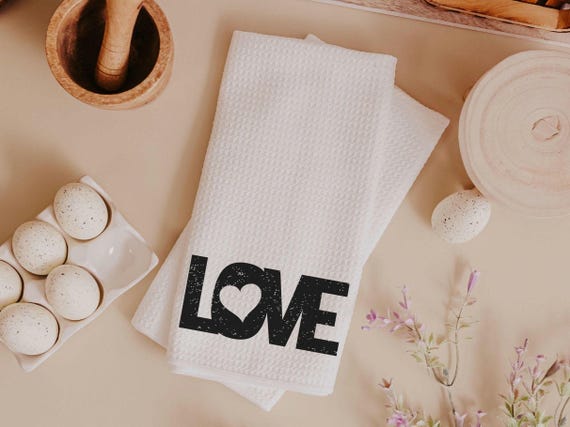 love kitchen towels for new home owners, black and white Valentines kitchen decor for just married couple, romantic gift for wife, moving in