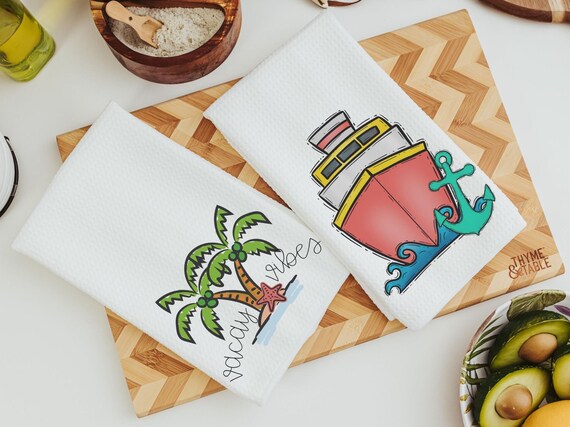 vacay vibes cute kitchen towels for beach, summer kitchen decor, destination wedding gift for couple, vacation home decor, coastal bathroom