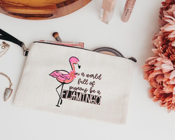 in a world full of pigeons be a flamingo cosmetic bag for purse, cute flamingo makeup bag for women, Easter basket stuffers for teenage girl