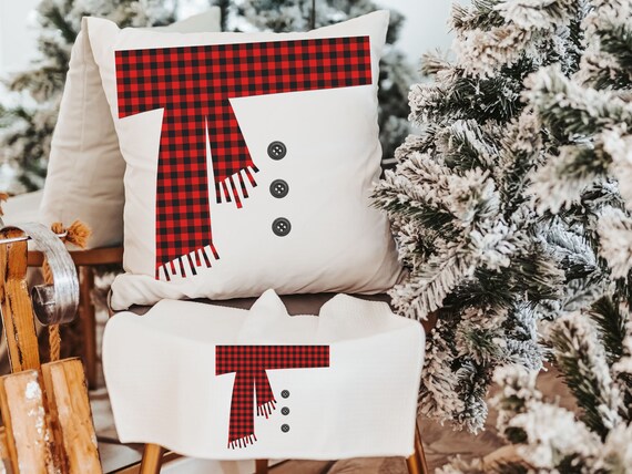 buffalo plaid snowman throw pillow for sofa, snowman Christmas housewarming gift set for couple, farmhouse Christmas kitchen towels, cute