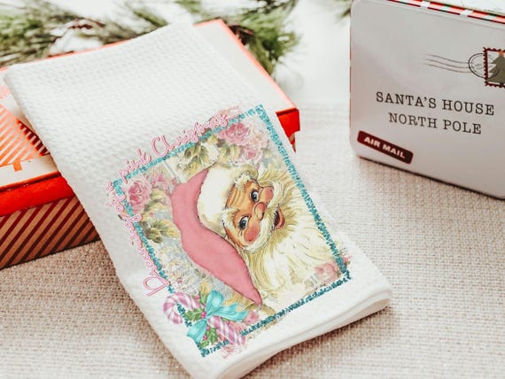 dreaming of a pink Christmas kitchen towels for Mom, pastel Christmas decor, pink Santa bathroom hand towels cute Christmas gifts for mother