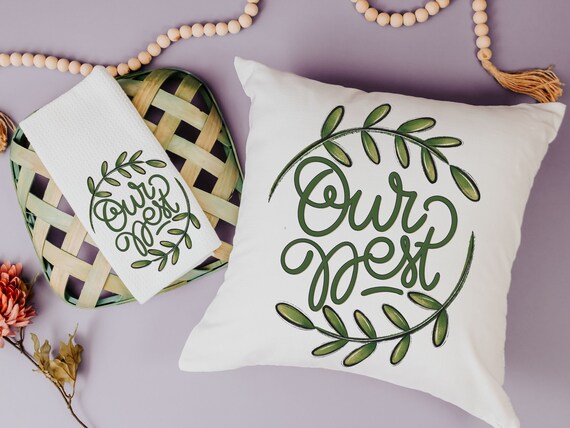 botanical throw pillow for sofa, our nest kitchen towels for friends, new home housewarming gift set for couple, greenery wedding gifts for