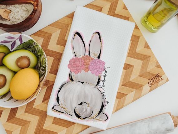 happy Easter kitchen towels for friends, pink coquette Easter bunny floral kitchen decor, Easter basket stuffers for women, whimsical Easter