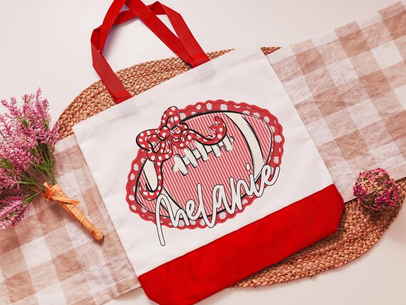personalized powderpuff football coquette tote bag for teenage girls, football mom gifts, red school spirit accessories for teachers, cheer