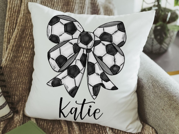 personalized soccer coquette throw pillow for bed, cute soccer bedroom decor for girls, soccer senior gifts soccer mom gift, soccer pillow