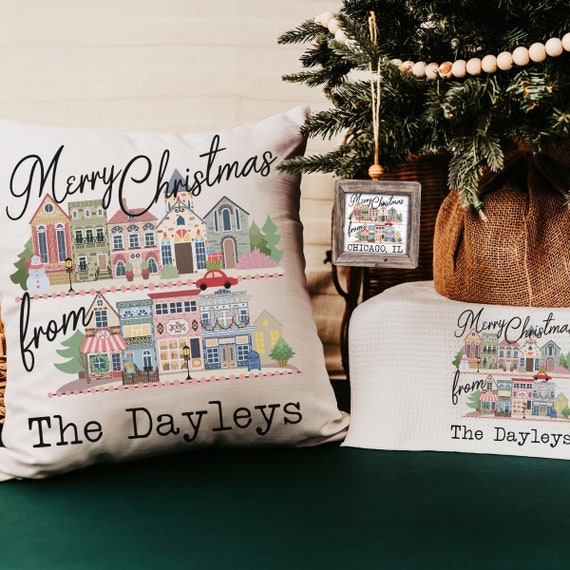 custom city state Christmas housewarming gift set for couple, personalized Christmas village ornament wood, small town Christmas throw
