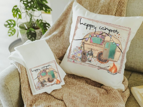 happy camper throw pillow for couch,  boho camper decor, glamping gifts, boho decor for home, RV accessories for inside, van life gift, best